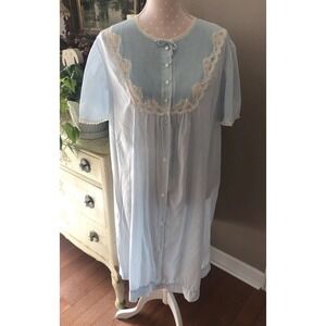 Vintage Duster House Coat Cotton Blend Blue Pleats Lace Women's Size Large